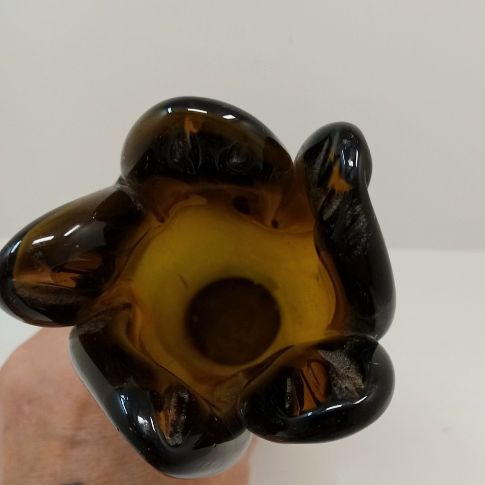 Vintage MCM Amber Brown Swung Vase Folded Glass 5 Finger Eclectic